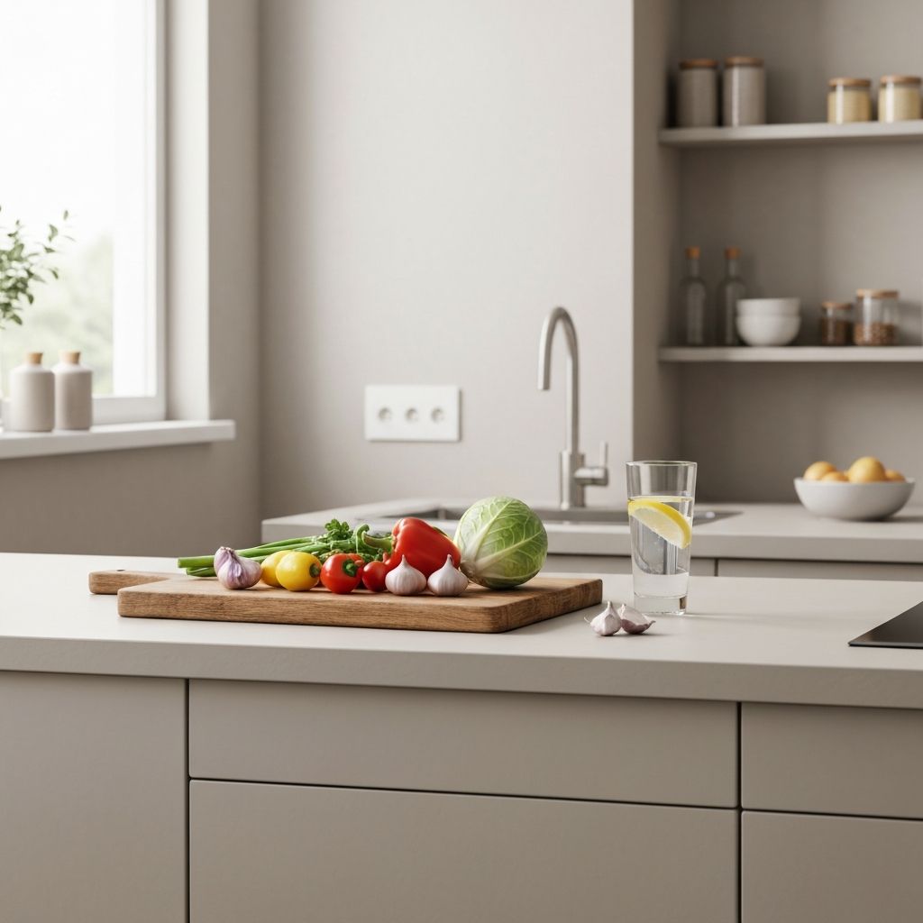 Clean kitchen workspace with fresh ingredients